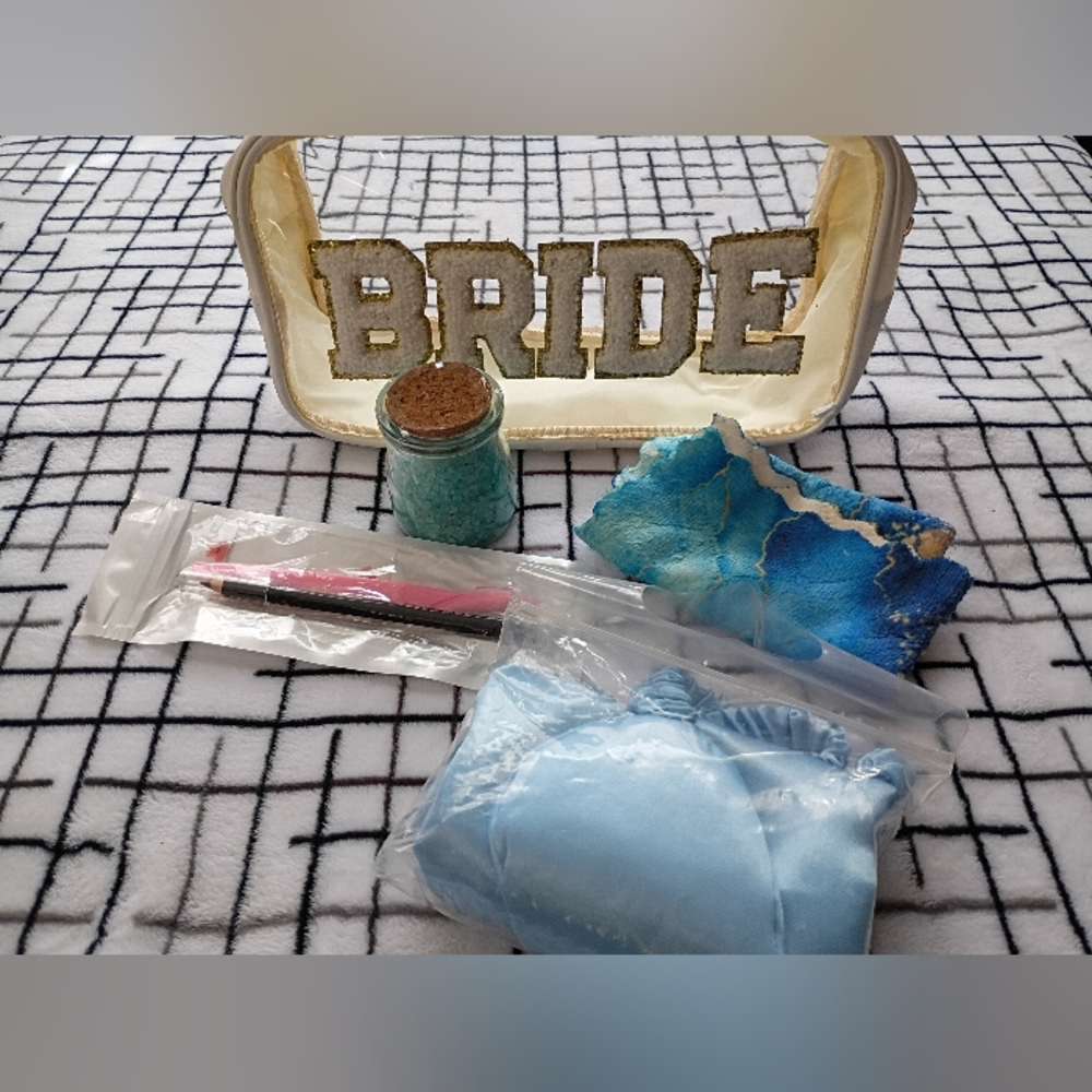 BRIDE Gold Glitter Cosmetic Bag With Satin Pillow Case, Eye Mask, Makeup Cloth